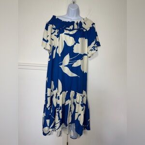 Umgee Royal Blue and Cream Off Shoulder Floral Midi Dress size L
